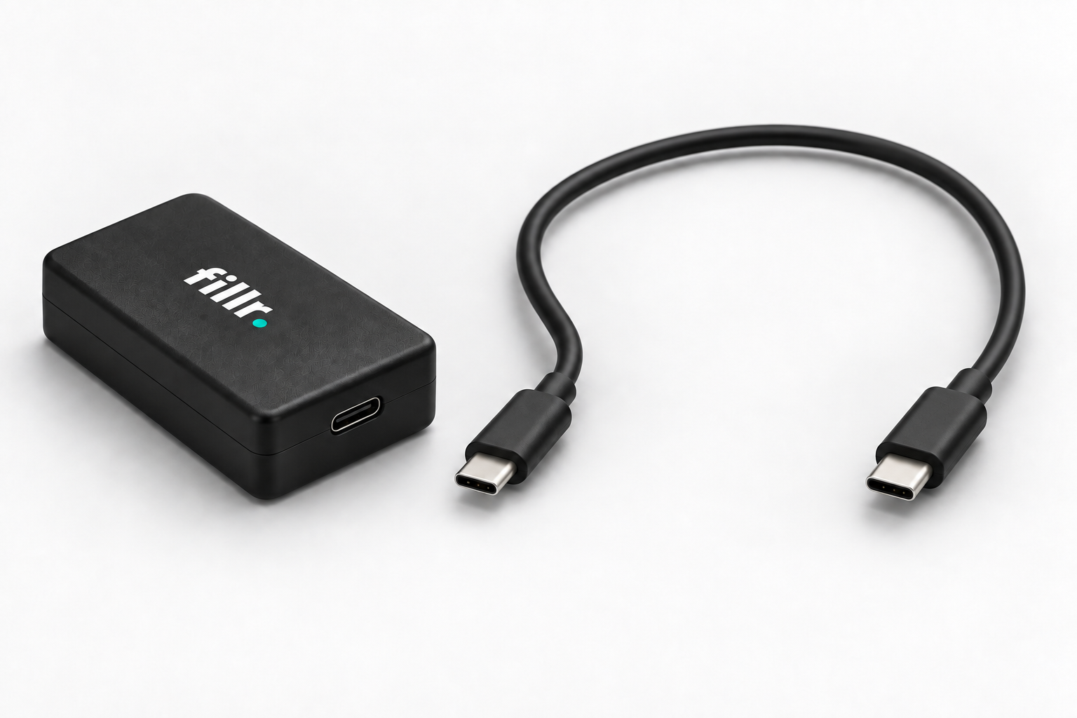 Fillr Bluetooth tracker with a USB-C to USB-C cable, studio view